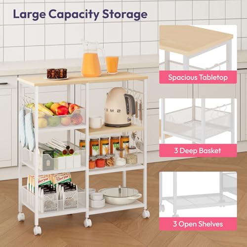 SWTYMIKI Kitchen Island Cart on Wheels - 4 Tier Rolling Kitchen Table Cart with Storage Shelves, 6 Removable Hooks& Locking Casters, Coffee Bar Cabinet for Dining Room Pantry Office, White - size: 28x11.81in, style: White