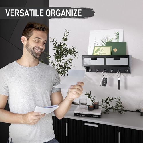 Rebee Vision Key Holder Wall Mount with 2 Organizer Drawers : Decorative Mail Organizer for Wall with 6 Key Hooks and Small Wall Shelf - Modern Aesthetic Room Decor (Black & Gray) - color: Black & Gray, style: 2-Drawer