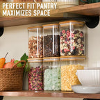 D2scrma 37oz Airtight Glass Square Storage Canisters with Bamboo Lid Set of 6 (1100ml) Stackable Containers, Kitchen Jars for Pantry Noodles, Flour and Coffee beans (‎with Black Lable)