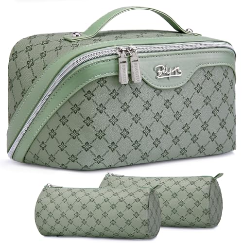 BOYATU Travel Makeup Bag Cosmetic Bags for Women: 3 Pcs Set Large Capacity Make up Bag with Handle - Vegan Leather Toiletry Bags with Compartments - Makeup Organizer for Travel Essentials(A-5-Green) - color: A-5-Green