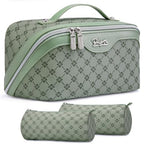 BOYATU Travel Makeup Bag Cosmetic Bags for Women: 3 Pcs Set Large Capacity Make up Bag with Handle - Vegan Leather Toiletry Bags with Compartments - Makeup Organizer for Travel Essentials(A-5-Green) - color: A-5-Green