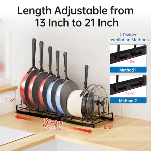 Expandable Food Container Lid Organizer, 9 Adjustable Dividers Sturdy Metal Pot and Pan Organizer Rack for Kitchen Cabinets, Drawers, Pantry Shelves, Countertops, Black, 8.15" Wide - color: Black,13"-21" Expandable,9 Dividers