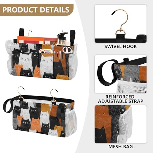 Bedside Caddy Hanging Bunk Bed Caddy Bed Organizer Hanging Pocket with 2 Hooks Bedside Storage Organizer Pocket Bag Holder Black and White Orange Cat - color: Black and White Orange Cat