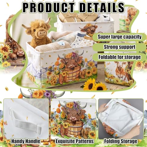 4 Pcs Highland Cow Storage Bin Collapsible Western Cow Themed Fabric Storage Basket with Handle American Country Style Organizer for Home Bedrooms Baby Clothes Toys Books - style: Highland Cow