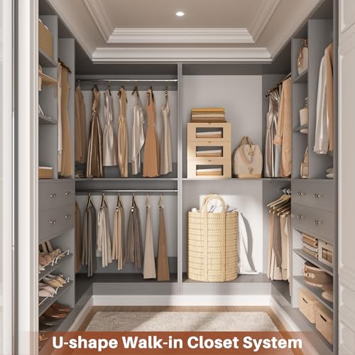 Besiost Closet System with 4 Drawers & Corner Tower, Closet Organizer System with 4 Hanging Robs, Reversible U Shaped Walk-in Closet System, Load 2600+LBS Capacity, Set of 4, Morandi Grey - color: Morandi Grey, size: 117" * 31.5"