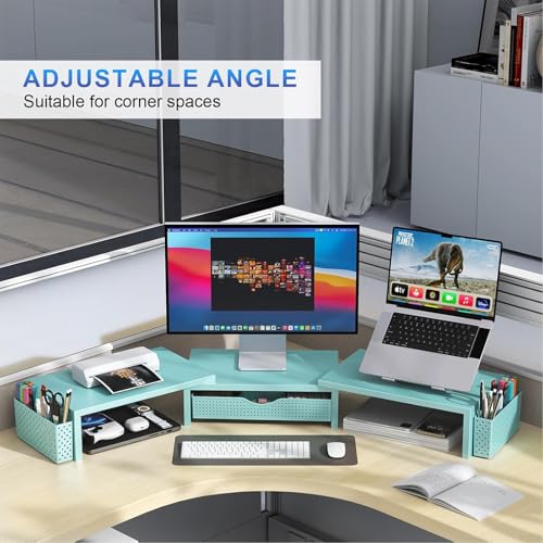 gianotter Dual Monitor Stand Riser, Desk Organizer With Drawer and 2 Pen Holders, Monitor Stand for Desk, Office Decor Essentials (Blue) - color: Blue