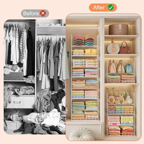 8 Tier Extended Width Hanging Closet Organizer, Sweater Storage for Closet Organizer System, Stackable Wire Basket Bins for Clothes Purse Shoes, Hanging Shelves with 4 Hooks & 4 Dividers Adjustable