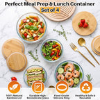 Blushtier 4 Pack 44/32/ 21/14 oz Borosilicate Glass Food Containers with Bamboo Lids, Stackable Glass Bowls for Meal Prep & Lunch, Microwave, Freezer and Dishwasher Safe - size: 44/ 32/ 21/ 14 oz