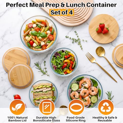 Blushtier 4 Pack 44/32/ 21/14 oz Borosilicate Glass Food Containers with Bamboo Lids, Stackable Glass Bowls for Meal Prep & Lunch, Microwave, Freezer and Dishwasher Safe - size: 44/ 32/ 21/ 14 oz