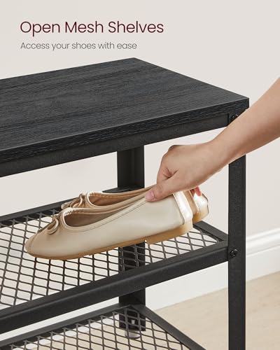 VASAGLE 3-Tier Shoe Rack, Shelf Storage Bench with Metal Mesh Shelves and Seat, Free Standing Shoe Organizer for Entryway, 11.8 x 28.7 x 17.7 Inches, Ebony Black and Black ULBS073B06 - color: Ebony Black + Black, size: 28.7"W x 17.7"H, style: Bench