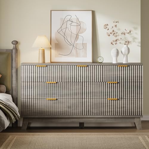 BORNOON Fluted 7 Drawer Dresser, 47.2" Wide Modern Boho Chest of Drawers, Wooden Storage Dresser TV Stand for Bedroom, Living Room, Closet, Hallway, Curved Profile Design - color: Rustic Drift, size: 7-Drawer