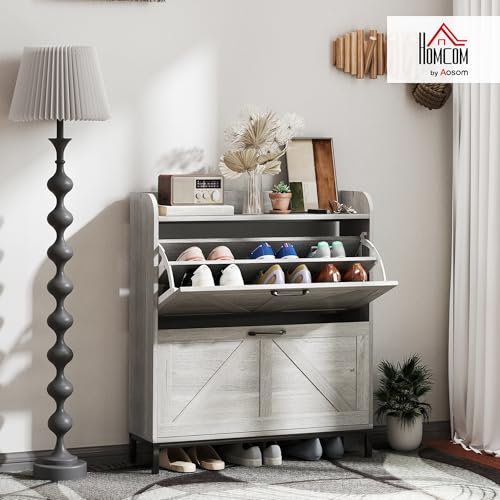 HOMCOM Shoe Storage Cabinet with 2 Flip Drawers, Legs, Farmhouse Freestanding Narrow Shoe Cabinet, Slim Hidden Rack Organizer for Entryway, Hallway, Light Gray Wood Grain - color: Light Gray