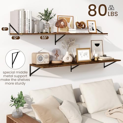 Fun Memories Floating Shelves for Wall, 12 Inch Deep Floating Shelves Set of 2, 55W x 12D Large Wall Shelf with Sturdy Metal Brackets for Living Room, Bathroom, Bedroom and Kitchen, Rustic Brown - color: A-rustic Brown, size: 55"W x 12"D