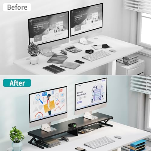 Dual Monitor Stand Riser, Large Wood Monitor Lift with Storage, Sturdy Wood&Steel Multi Screen Stand, Desktop Organizer - color: Black