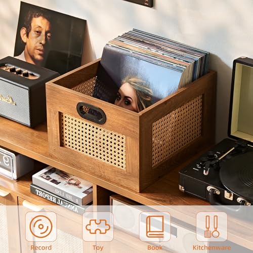 LELELINKY Vinyl Record Storage Crate, Rattan Wooden Record Crate for Vinyls, Vinyl Record Holder with Handle, Multifunctional Records Stand Holder Vinyls Organizer for 75 LPs, Tea Brown - color: Teac Brown, size: 1 Pack
