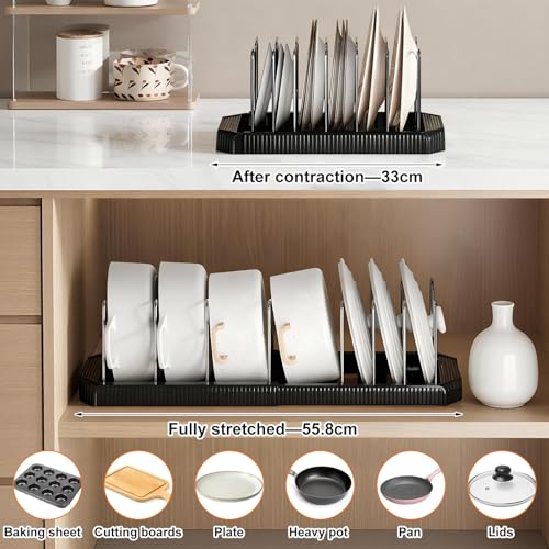 Expandable Pot Rack Organizer, 14 Adjustable Compartments, Pot and Pan Organizer Rack for Cabinet with Cup Brush Dividers, 13 -22" Wide Adjustable Pan Organizer - Pantry Countertop Storage (Black) - color: Black