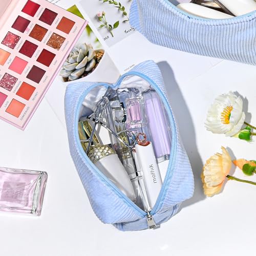 SOIDRAM 2 Pack Corduroy Makeup Bag for Women, Blue Makeup Pouch Small Cosmetic Bag Travel Toiletry Organizer for Skincare, Brushes & Essentials - color: Corduroy Blue, size: 2 Pack