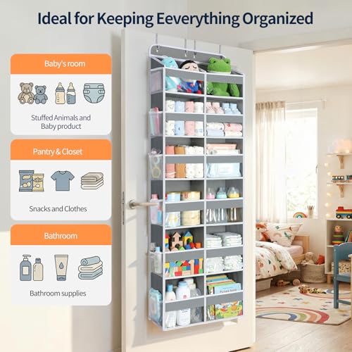Yecaye Over The Door Organizer, 6 Tier Extra Large Behind Door Storage of 12 Compartments, 80lbs Heavy Duty Door Organizer Hanging with Clear Window for Closet Bedroom Pantry Bathroom, Grey - color: Grey, size: 6 Tier