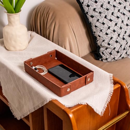 SANQIANWAN PU Leather Valet Tray Small NightStand Bedside Entry Table Trya for Phone Jewelry Glasses Keys and Coins Father's Day Birthday Gifts (Brown) - color: Brown
