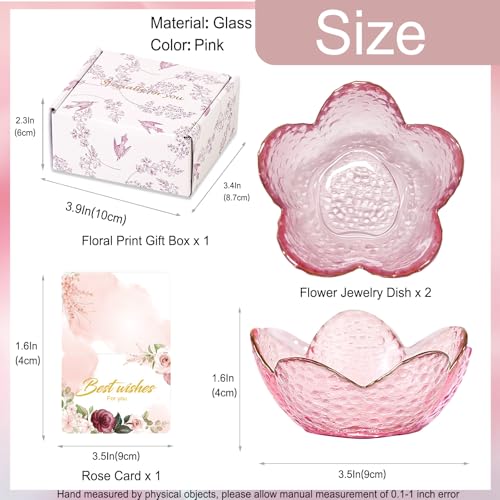 Gifts for Women Trinket Dish Flower Jewelry Dish Pink Glass Ring Holder Jewellery Tray Cute Room Decor Aesthetic Bedroom Accessories Unique Birthday New Home Mothers Day Gifts for Women Friends(2 pcs) - color: 2 Pcs Pink-9cm