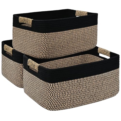 3 Pack Large Storage Basket for Organizing, 17.5"x13"x7" Woven Basket for Shelves, Closet Cube Storage Bins with Wrapped Handle, Cotton Rope Baskets for Kitchen, Clothes, Toys(Black & Brown) - color: Black & Brown, size: 3 Pack