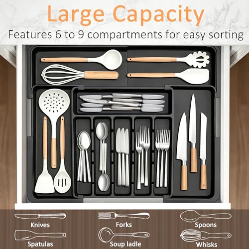 Spaclear Silverware Organizer Expandable Kitchen Utensil Drawer Organizer Large BPA Free Adjustable Cutlery Silverware Tray for Spoons Forks Knives Storage Divider for Kitchen Flatware 6-9 Slots Black - color: Black