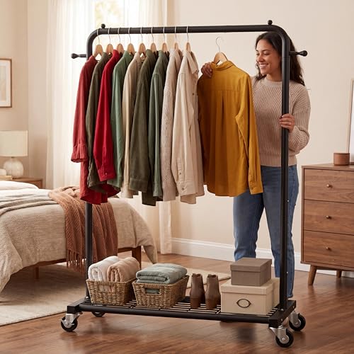 Sywhitta Clothing Rack on Wheels with Mesh Storage Shelf & Sturdy Metal Frame, Rolling Garment Rack for Hanging Clothes, Coats, Skirts, 39.76" L x 16" W x 64.56" H,Black - color: Black
