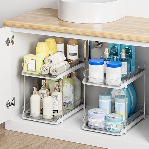 Delamu 2-Tier Multi-Purpose Bathroom Under Sink Organizers and Storage, Stackable Kitchen Pantry Organization, Pull Out Medicine Cabinet Organizer with Movable Dividers, White, 2 Pack - color: White, size: 2 Pack