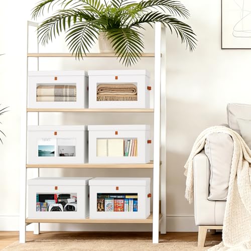 DIMJ Storage Bins with Lids - 6 Pack Large Fabric Closet Organizer with Window & Handles, Collapsible Decorative Storage Boxes for Shelves Under Bed, Books Clothes Blankets Sweaters Organization - color: White, size: Large-6 Pack