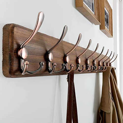 SKOLOO Coat Rack Wall Mounted - 38.6" Long, Wooden, Heavy Duty, Rustic Coat Hooks for Wall, Coat Rack with 10 Triple Hooks for Hanging Clothes, Jacket, Hat(Brown & Retro Red) - color: Brown Plate & Antique Hook, size: 1 Item-10 Hooks
