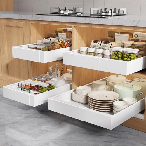 Seinloes 4 Pack Pull Out Cabinet Organizers 21" Deep With Raising Pad for Framed Cabinets, Expandable Width (9"-14") Slide Out Drawers Upgrade 3 Slide Rails, Roll Out Shelves Adhesive, White - color: White, size: 9"-14"Wide x 21"Deep(4 Pack)