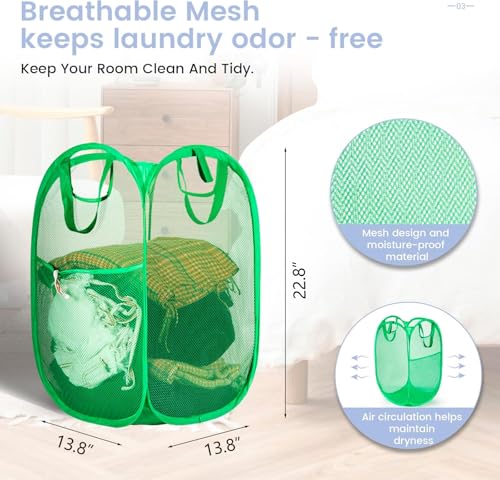 HOUSE AGAIN 2 Pcs Pop Up Laundry Hamper, Strong Mesh Laundry Baskets Collapsible, Hamper with Handles and Side Pocket, Portable Foldable Dirty Clothes for Dorm, Laundry room and Travel Storage, Green - color: Green, size: 2-Pack