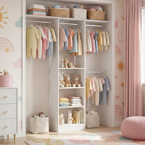 Cyclysio 4FT Small Closet System, 80"H Closet Organizer System with 4 Closets Rods & 3 Shelves, 48" Closets Organizers and Storage for Small Bedrooms, Laundry Rooms, Cloakrooms, White - color: White