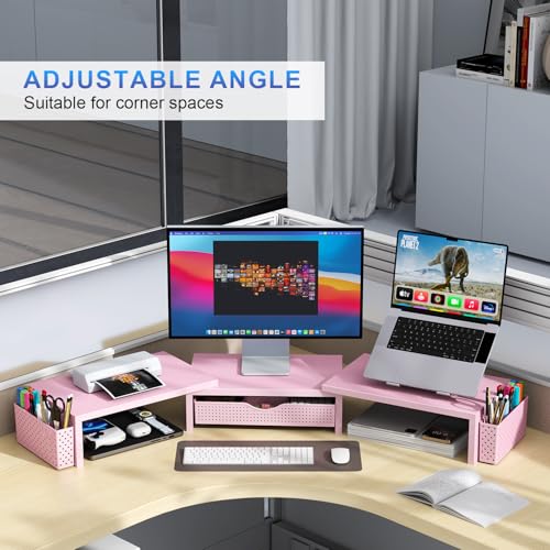 gianotter Dual Monitor Stand Riser, Desk Organizer With Drawer and 2 Pen Holders,Desk Organizers and Accessories, Pink Office Supplies (Pink) - color: Pink