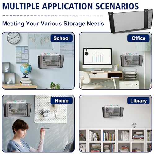 2 Pack Legal Size Wall Amount Pocket File Holder Metal Mesh Hanging Wall File Organizer Black Single File Pocket Wall Mounted Mail Organizer Magazine Rack for Office Home School 15.7" L x6.9" Wx3.4" H