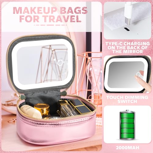 Mini Makeup Bag with Led Mirror,Small Travel Make up Bag 3 Light Modes Adjustable Brightness, for Women Organizer Cosmetic Bag, Portable Travel Train Toiletry Bag, for Pool Parties Work Touch-Ups - color: Roses