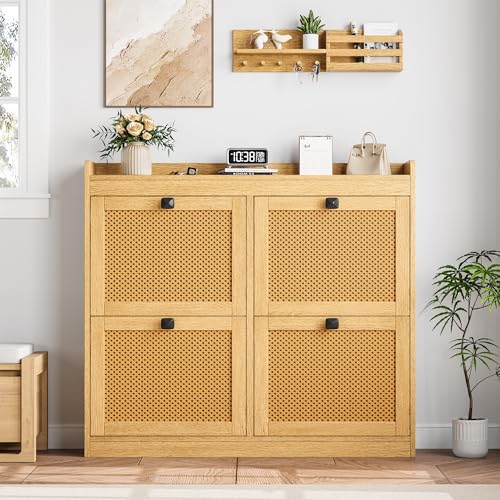 GarveeHome Shoe Cabinet Rattan with 4 Flip Drawers, Wooden Freestanding Shoe Organizer with Adjustable Shelves, Shoe Storage for Entryway, Closet, Hallway - color: Light Oak, size: 4-Drawers