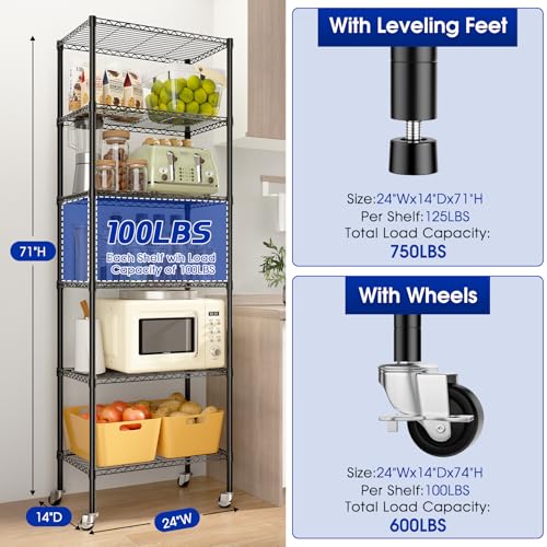 Adjustable 6-Tier Heavy Duty Wire Shelving Rack, 14" D x 24" W x 71" H Storage Shelves with Wheels, 750 lbs Capacity Rolling Metal Shelving for Garage, Pantry, Kitchen, Closet - color: 1