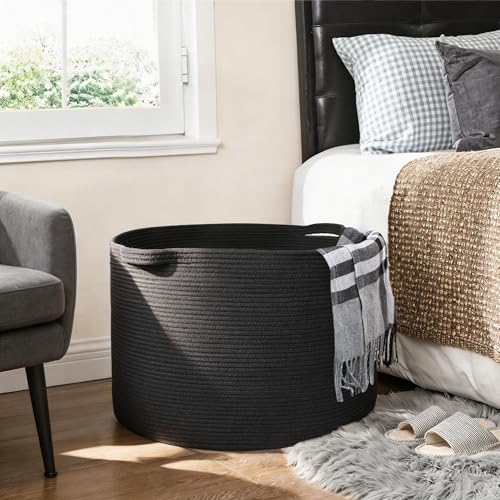 MEGASKET Large Black Blanket Basket, 22" X 22" X 14" Woven Rope Bin for Storage, Kids Dog Toy Storage Box Organizer Bins, Blanket Holder for Living Room, Decorative Wicker Basket for Organizing - color: Black, size: 22"x22"x14"