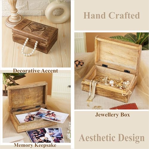 Ajuny Wooden Decorative Jewelry Box with Heart Design Carving - Multipurpose Treasure Chest Storage Keepsake Box Necklaces Watch Organizer Boxes Birthday Gifts for Women & Men 8x5 Inch - style: Heart Carved Center