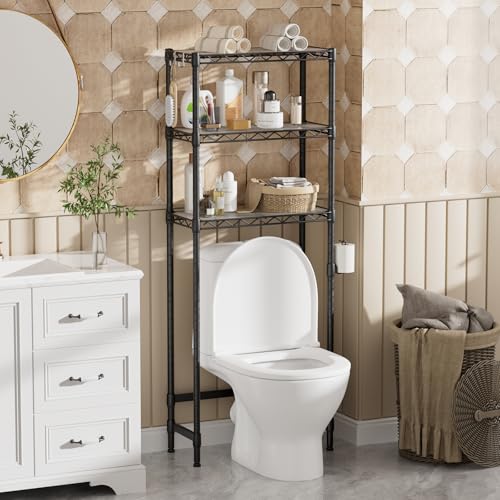 Golpart 3-Tier Over The Toilet Storage Shelf,Heavy Duty Adjustable Metal Bathroom Rack with Toilet Paper Holder & Hooks,Space-Saving Organizer for Bathroom,10”D x 24”W x 66”H,Black - size: Black-3-Tier-10"D x 24"W x 66"H