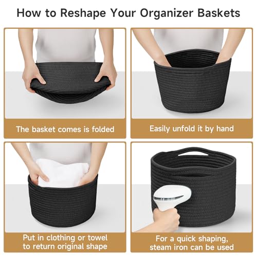 Small Rope Baskets for Storage, Baskets for Gifts Empty, Cute Round Woven Basket, Decorative Shelf Baskets 9.82×9.82×7.1", Cotton Toy Basket Storage Bins for Organizer-Black - color: Black-3PCS