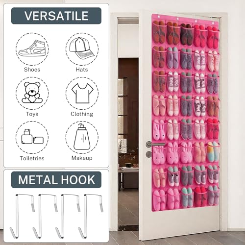 40-Pocket Over the Door Shoe Organizer - Large Mesh Pocket Hanging Shoe Organizer,Behind the Door Shoes Storage Holder Hanger - color: Hot Pink