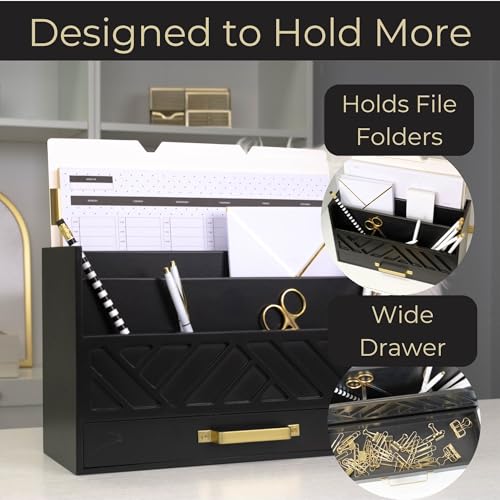 BLU MONACO | Wooden Mail Organizer with Drawer and Gold Handle | Mail Sorter Organizer Countertop for Desk | Outgoing Mail Holder and Letter Sorter for Desk Storage - color: Black