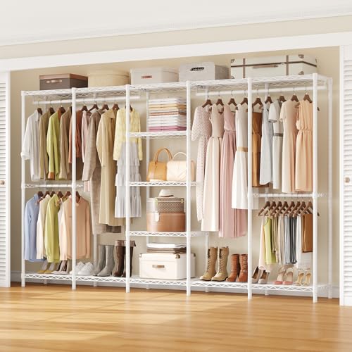 ONBRILL F5 Extra Large Industrial Pipe Clothing Rack, Freestanding Portable Closet Organizer System with Shelves & Hanging Rods, 88.6'' Wide Heavt Duty Clothes Rack, Max Load 1300lbs, White - color: White