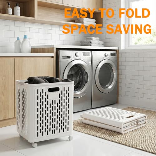 60L Collapsible Laundry Baskets, Plastic Laundry Hamper with Handles, Foldable Laundry Bin, Laundry Basket with Wheels for Laundry Room Organization, Ideal for Clothes, Towels, Blanket, White
