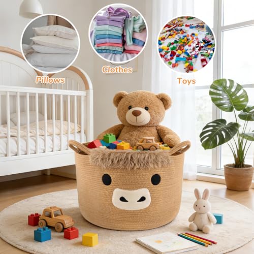 Large Highland Cute Cow Basket for Nursery,Woven Laundry Blanket Gift Basket, Cotton Rope Storage Bins with Handles, Extra Empty Decorative Bin for Towels Pillow Clothes Hamper Room,23"D×13"H - color: Brown, size: 23"D ×13 "H