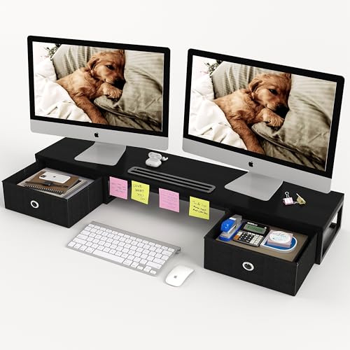 39 Inch Dual Monitor Stand Riser with 2 Drawers - Large Black Wooden Computer Stand for 2 Monitors, Ergonomic Desk Organizer with Phone Holder, Desktop Storage for Laptop, Office Supplies, Home Office - color: Black