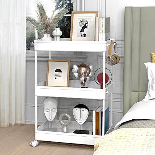 SPACELEAD 3 Tier Rolling Cart with Wheels, Storage Craft Art Trolley Organizer Serving, 3 Hanging Baskets Easy Assembly, for Office, Bathroom，Living Room, Kitchen, White - color: White
