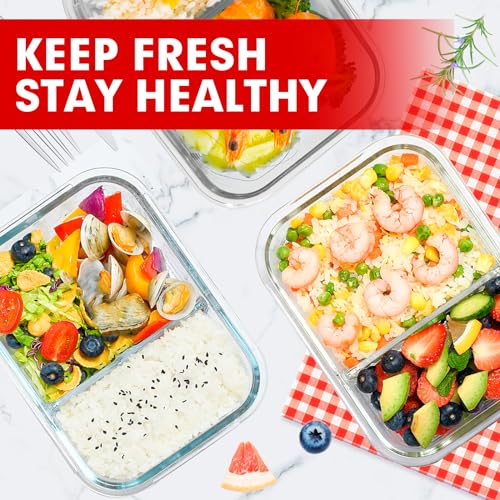 VERONES 5 Pack Glass Meal Prep Containers 2 Compartment Set, 36OZ Airtight Glass Lunch Containers, Glass Food Storage Containers with Lids, for Microwave, Oven, Freezer & Dishwasher Friendly,Red - color: Red